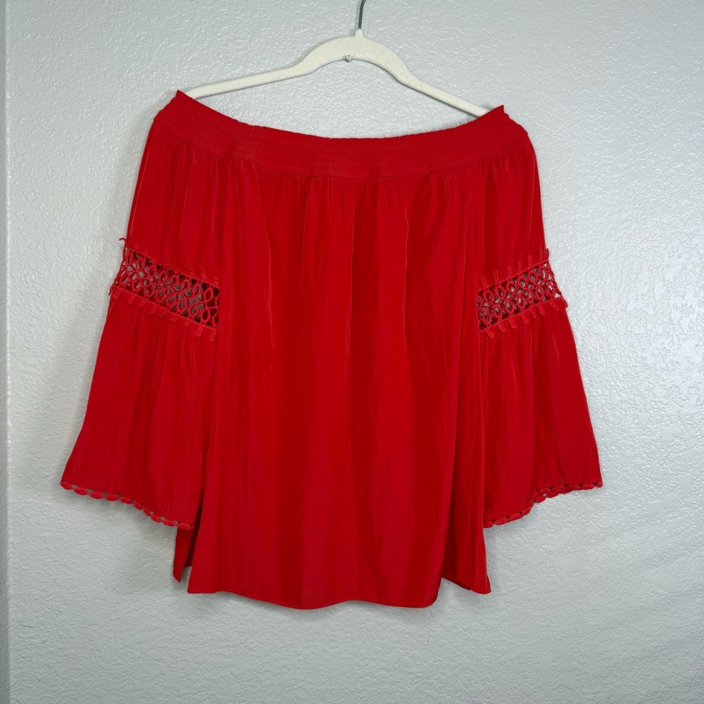 Chico’s Women’s Off The Shoulder 3/4 Sleeves With Crochet Detail Blouse Top Sz 1